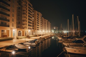 Fototapeta na wymiar Port with sailing boats and buildings at night created using generative ai technology