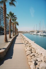 Obraz premium General view of promenade, buildings, palm trees and boats created using generative ai technology