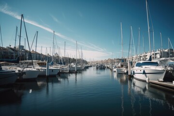 General view of port with sailing boats, sea and sky created using generative ai technology