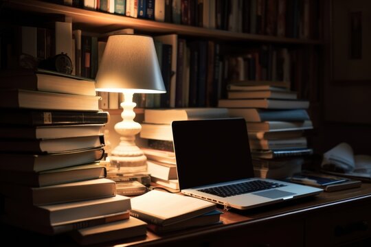 Laptop on table with books and lamp in library, created using generative ai technology