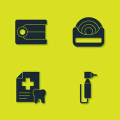 Set Dentures model, Tooth drill, Dental card and floss icon. Vector