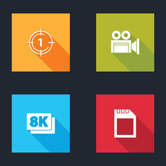 Set Old film movie countdown frame, Cinema camera, 8k Ultra HD and SD card icon. Vector