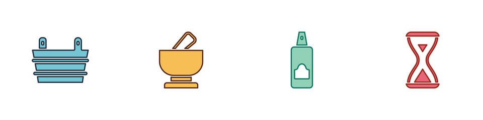 Set Sauna bucket, Mortar and pestle, Spray can for hairspray and hourglass icon. Vector