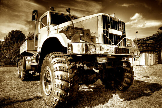 Greyscale shot of the Russian Monster Truck in HDR