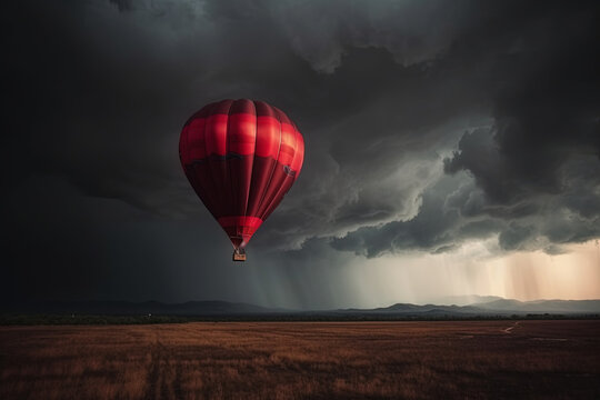 A red big balloon flies in bad weather. Ai generated