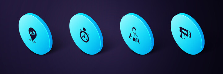 Set Isometric Flashlight for diver, Wetsuit scuba diving, Stopwatch and Flippers swimming icon. Vector