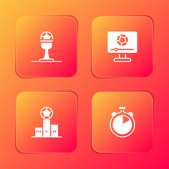 Set Award cup and football ball, Football match on TV, over sports winner podium and Stopwatch icon. Vector