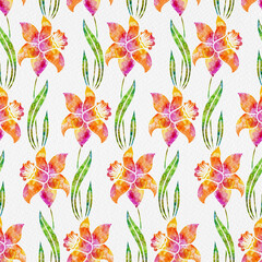 Daffodil Flowers with Leaves Watercolor Seamless Pattern