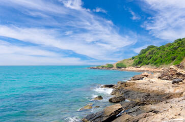 Fototapeta na wymiar The Sunny beach and turquoise sea with clear sky background