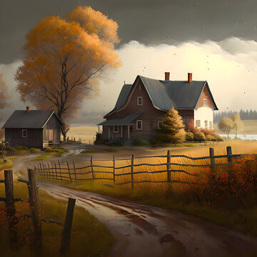 farmhouse in cloudy weather in autumn, created with Generative AI technology