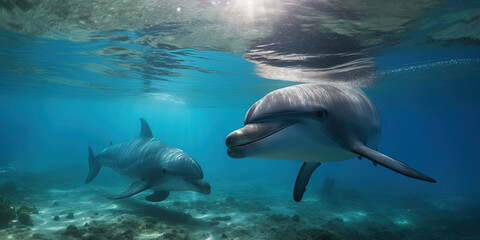 Fototapeta premium Dolphins underwater. Ai generated
