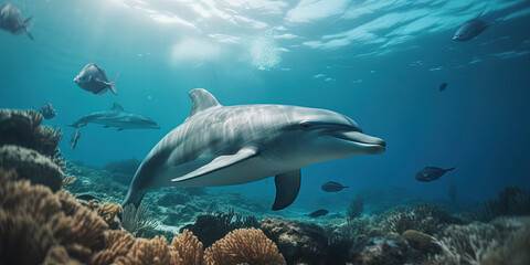 Obraz na płótnie Canvas Dolphins underwater. Ai generated