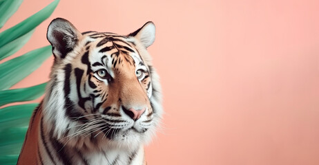Portrait of a astonishing tiger on a pink background. Generative AI