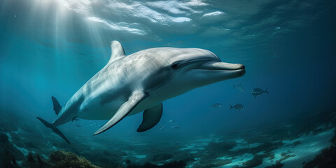 Obraz premium Dolphins underwater. Ai generated