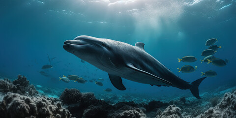 Obraz na płótnie Canvas Dolphins underwater. Ai generated