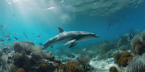 Fototapeta na wymiar Dolphins underwater. Ai generated