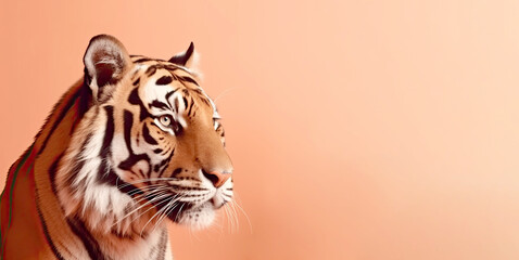 Fototapeta na wymiar Portrait of a astonishing tiger on a orange background. Generative AI