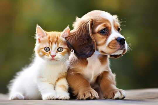 A cute puppy and kitten cuddling together. Generative IA
