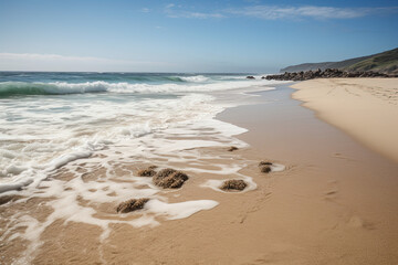 Fototapeta na wymiar Beach by the Sea. The waves hit the sand. AI generated
