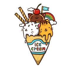 Ice cream cat cartoon add elements with cherries, rainbow and clouds. Creative cartoon hand drawn.