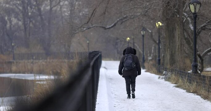 Slow motion shot of a Woman walking by Central Park's Jacque Onassis Reservoir as snow falls