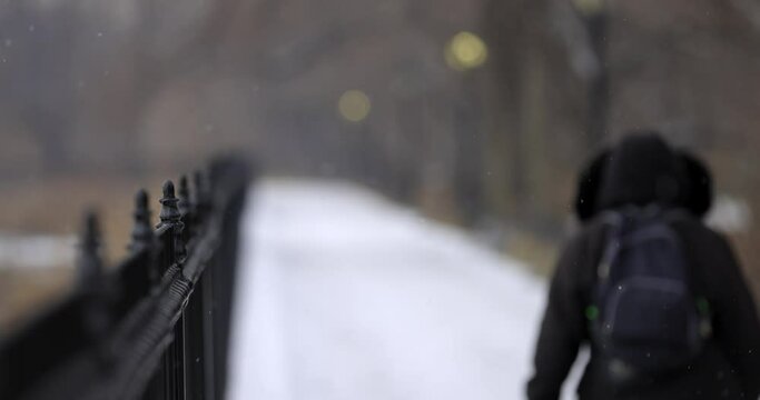 Slow motion shot of a Woman walking by Central Park's Jacque Onassis Reservoir as snow falls