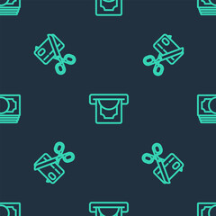 Set line ATM and money, Scissors cutting credit card and Stacks paper cash on seamless pattern. Vector