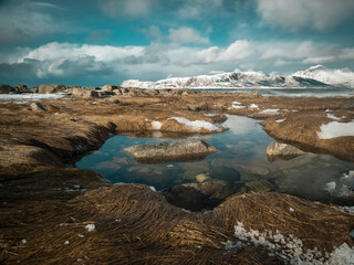 Shot of a beautiful stream surrounded by snowy mountains in Norway