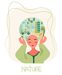 Lady embracing our planet, sustainable vehicle, green town, leaves. Earth Day and planet preservation.Global Warming and environmental safeguard power efficiency idea. Vector.