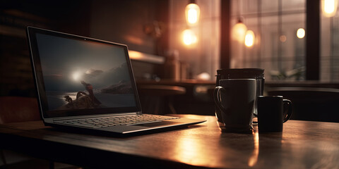 Laptop almost closed in a coffee shop in a mysterious cinematic atmosphere. Ai generated