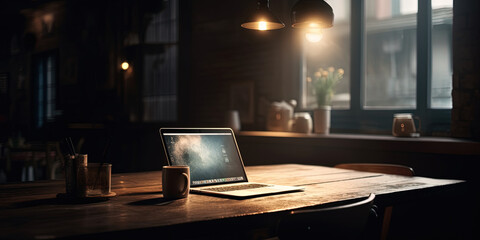 Laptop almost closed in a coffee shop in a mysterious cinematic atmosphere. Ai generated
