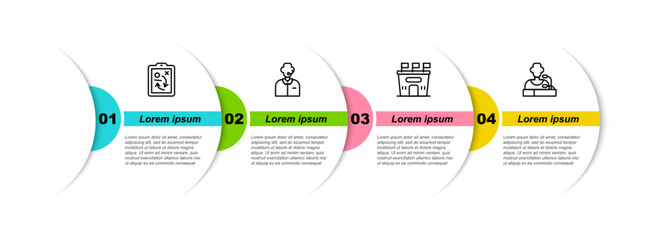 Set line Planning strategy concept, Football or soccer commentator, stadium and player press conference. Business infographic template. Vector