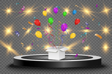 Box with flying confetti.Illustration for the holiday.
