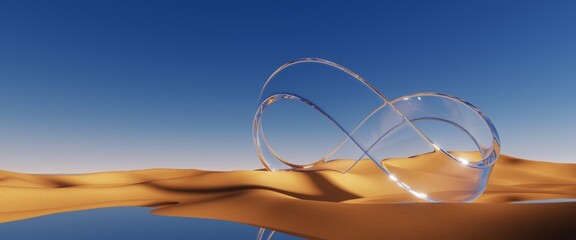 3d render, abstract surreal desert landscape. Clear glass infinity loop shape, blue sky, yellow sand dunes, water flat surface with mirror reflection. Minimalist aesthetic futuristic wallpaper © wacomka