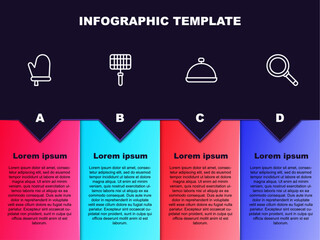 Set line Oven glove, Barbecue steel grid, Covered with tray of food and Frying pan. Business infographic template. Vector