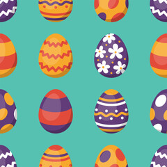 Vector easter seamless pattern. Easter eggs in flat design on green background. Egg hunt.