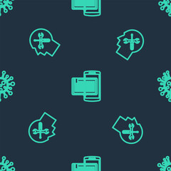 Set line Smartphone and book, Human head service and Bacteria on seamless pattern. Vector