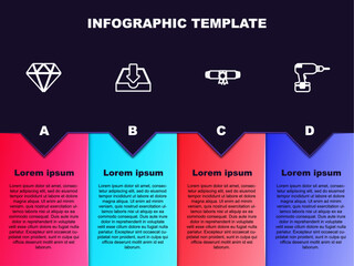 Set line Diamond, Download inbox, Diploma rolled scroll and Drill machine. Business infographic template. Vector