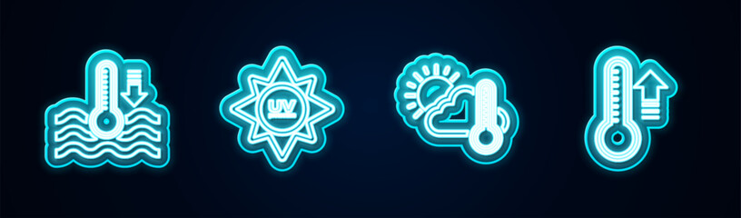 Set line Water thermometer, UV protection, Thermometer and cloud, sun and Meteorology. Glowing neon icon. Vector