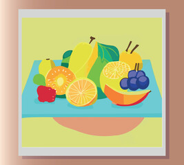 Still life summer vector abstract illustration in bright colors of fruits on the table. Sticker, poster, advertisement, postcard, label design. First small business. Colorful vector illustration. 