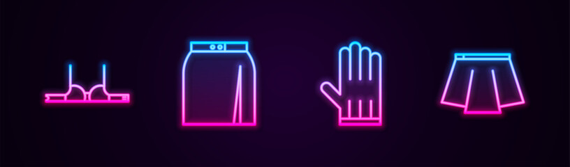 Set line Bra, Skirt, Leather glove and . Glowing neon icon. Vector