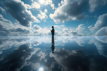 Experience the ethereal beauty of a sky mirror as a handsome young man. Fishing. Ai generated. 