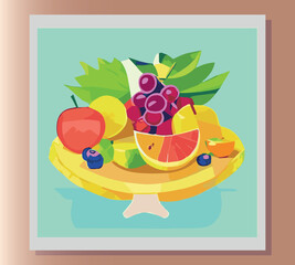 Still life summer vector abstract illustration in bright colors of fruits on the table. Sticker, poster, advertisement, postcard, label design. First small business. Colorful vector illustration. 