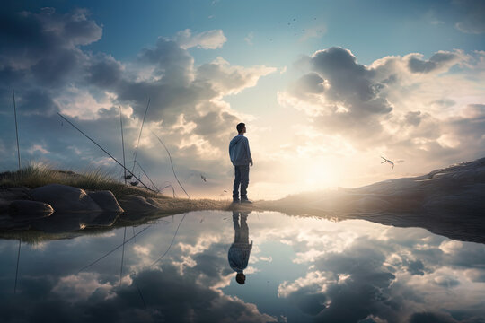 Experience the ethereal beauty of a sky mirror as a handsome young man. Fishing. Ai generated. 
