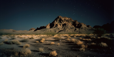 Fototapeta na wymiar Desert at night, an immense plain at night, a small mountain in the middle. Ai generated. 