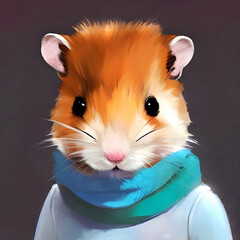 Hamster in a blue scarf close-up portrait, illustration style image