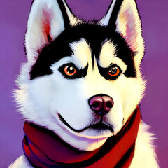 Husky dog in a red scarf close-up, illustration style image