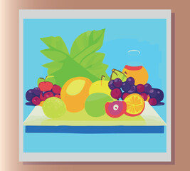 Still life summer vector abstract illustration in bright colors of fruits on the table. Sticker, poster, advertisement, postcard, label design. First small business. Colorful vector illustration. 