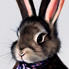 Hare rabbit in a scarf and a fur coat close-up, image illustration