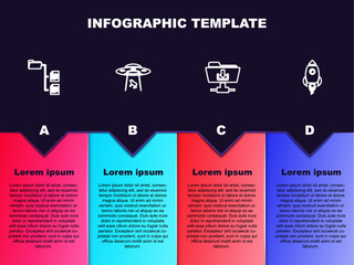 Set line Folder tree, UFO abducts cow, FTP folder download and Rocket ship with fire. Business infographic template. Vector